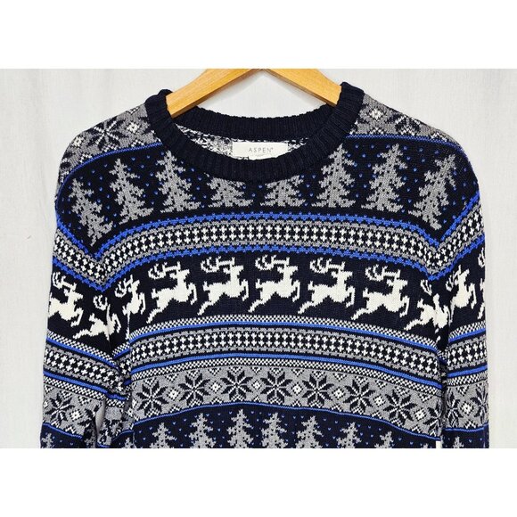 Aspen Men's Fair Isle Reindeer Christmas Sweater Navy Blue White Medium - Picture 3 of 8